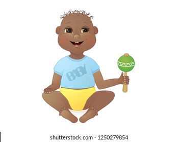 cute smiling baby boy african american boy sitting with a rattle. cartoon character. isolated image. vector illustration.