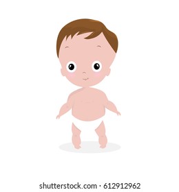 Cute smiling baby boy in diaper, little kid, small toddler with brown hair, vector illustration isolated on white background