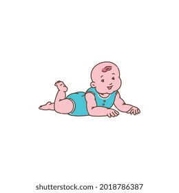 Cute smiling baby cartoon character lies on his stomach, sketch vector illustration isolated on white background. Child or infant in blue one-piece bodysuit.