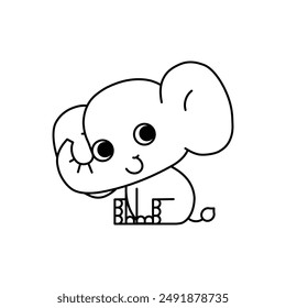 Cute smiling baby elephant sitting. African animal cartoon character line icon. Coloring book for children. Vector illustration in outline style.