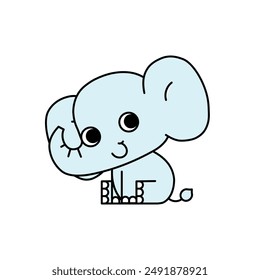 Cute smiling baby elephant sitting. African cartoon animal. Vector illustration.