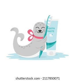 Cute smiling baby fur seal with red bow around its neck hugging toothbrush. Concept of personal hygiene and health for children. Dental care. Flat design vector illustration