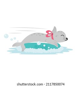 Cute smiling baby fur seal with red bow around its neck slides on soap. Soap foam and bubbles fly in all directions. Concept of personal hygiene and health for kids. Flat design vector illustration