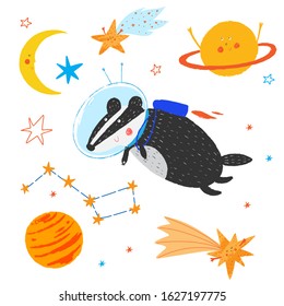 Cute smiling badger fly in open space. Funny animal in sky. Cosmos background. Stars, planets, moon, comet. Funny cartoon children illustration. Vector hand drawn clipart. Badger cosmonaut.