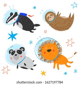 Cute smiling badger, sloth, panda, lion fly in space.  African animals in sky. Cosmos background. Stars and comet. Funny cartoon children illustration. Vector hand drawn clipart. Kids print.