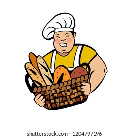 A cute smiling Baker holds a large basket of freshly baked bread. Vector illustration of emblem of a bakery.