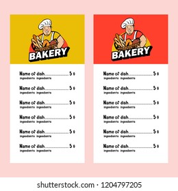 A cute smiling Baker holds a large basket of freshly baked bread. Vector illustration of emblem of a bakery. The template menu.