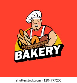 A cute smiling Baker holds a large basket of freshly baked bread. Vector illustration of emblem of a bakery.