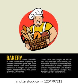 A cute smiling Baker holds a large basket of freshly baked bread. Vector illustration of emblem of a bakery.