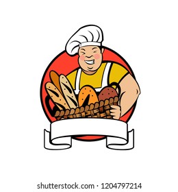 A cute smiling Baker holds a large basket of freshly baked bread. Vector illustration of emblem of a bakery.