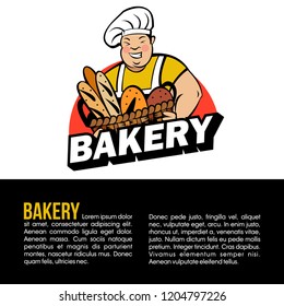 A cute smiling Baker holds a large basket of freshly baked bread. Vector illustration of emblem of a bakery.