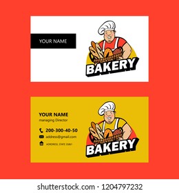 A cute smiling Baker holds a large basket of freshly baked bread. Vector illustration of emblem of a bakery.
