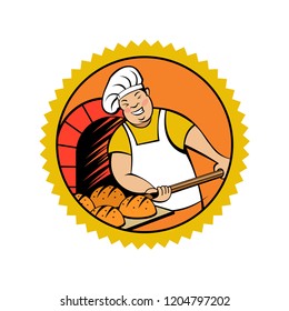 Cute smiling Baker pulls out of the oven freshly baked bread. Vector illustration of emblem of a bakery.