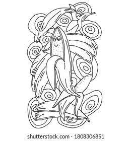 Banano sonriente entre patrones circulares y siluetas de plátanos, página de coloración de frutas tropicales, ilustración de contorno vectorial para diseño y creatividad