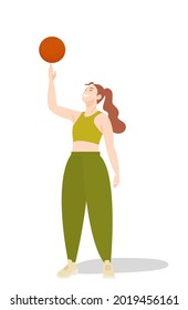 A cute smiling basketball player - a girl or woman in sportswear standing and spinning a basqueball on her finger. Sports vector illustration.