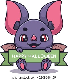 Murciélago sonriente lindo sosteniendo un cartel de Feliz Halloween
