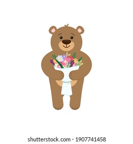 Cute smiling bear with a bouquet of different flowers. Vector illustration. White background.