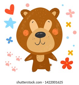 Cute smiling bear. Happy funny forest animal. Vector background with flowers, stars and footprint. Hand drawn illustration. Pencil texture. Character for kids. Scandinavian flat cartoon style.