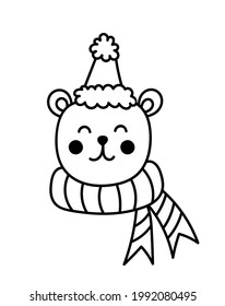 Cute smiling bear in a hat with a pompom and a scarf isolated on white background. Vector hand-drawn illustration in doodle style. Perfect for cards, decorations, holiday designs.