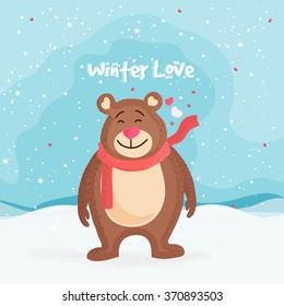 Cute smiling bear on winter background for Love Season concept.