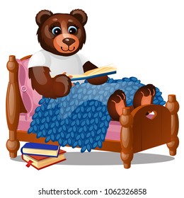 Cute smiling bear sitting in bed reading a book isolated on a white background. Vector cartoon close-up illustration.