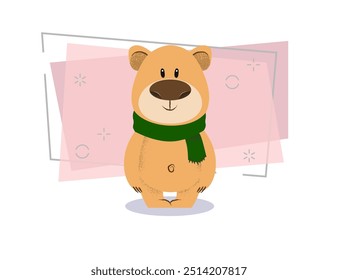 Cute smiling bear wearing green scarf. Winter concept. Vector illustration can be used for topics like winter outfit, celebration, Christmas vacation