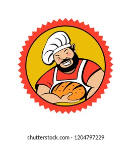 A cute smiling bearded Baker holds freshly baked bread. Vector illustration of emblem of a bakery.