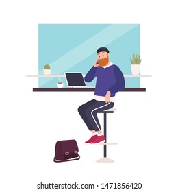 Cute smiling bearded man sitting at cafe, working on laptop computer and talking on mobile phone. Happy freelance worker at coffee shop. Busy guy. Flat modern cartoon colorful vector illustration.