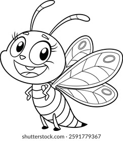 Cute smiling bee black vector illustration.
