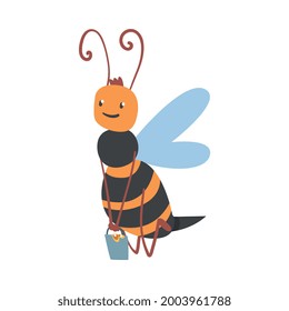 Cute Smiling Bee Carrying Bucket Full of Honey, Funny Flying Insect Character Cartoon Vector Illustration
