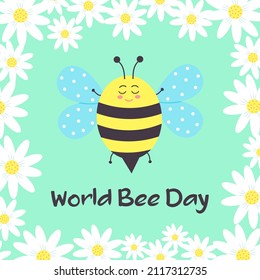Abeja sonriente y marco de camomila. Postal para el Día Mundial de la Abeja. Ilustración vectorial.