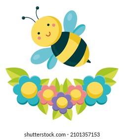 Cute smiling bee flies over flowers. Vector illustration in flat style. Cartoon character isolated on a white background.