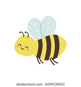 Süß lächelnde Biene fliegen. Gestaltungselement für Postkarte, Karte, Aufkleber, Druck. Isolierte Vektorgrafik 