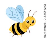 Cute smiling bee isolated on white background. Funny insect for children. Flat cartoon vector illustration