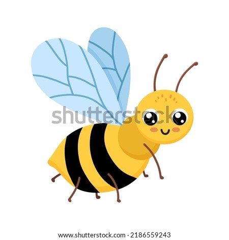 Cute smiling bee isolated on white background. Funny insect for children. Flat cartoon vector illustration