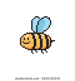 Cute smiling bee pixel art. Vector illustration isolated on white. Character insect.