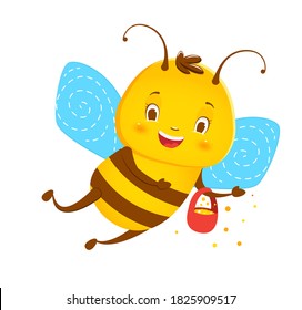 Cute smiling bee with pollen. Children s illustration. Isolated on a white background. Cartoon style