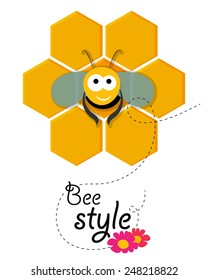 Cute smiling bee siting in a honeycomb in flat design in vector