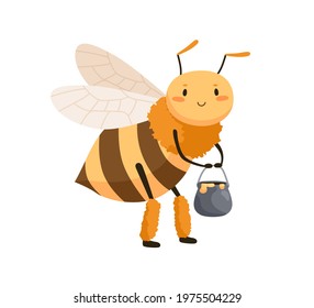 Cute smiling bee standing with honey pot in paws. Happy honeybee with funny face. Childish colored flat cartoon vector illustration of lovable insect isolated on white background