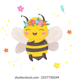 Cute smiling bee. Texture cartoon design featuring cute bumblebee isolated on white. Vector illustration. Element for invitation, print or design web