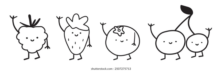 Lindas bayas sonrientes. Frambuesa, fresa, arándano, cereza. Diseño de contorno. Ilustración dibujada a mano sobre fondo blanco.