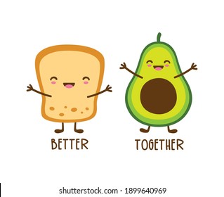 Cute lächelnd besten Freund avocado und Toast Cartoon mit Gesicht Vektorgrafik.