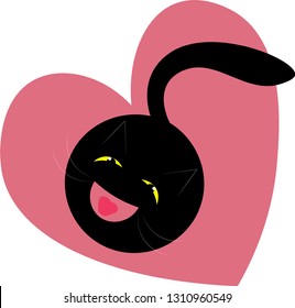 Cute smiling black cat on a pink heart background, vector illustration