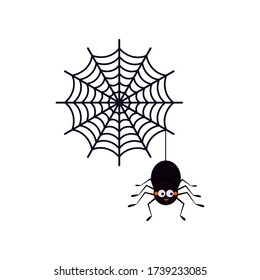 Cute smiling black spider hanging on a string of cobwebs with spederwebs icon isolated on white background. Flat design cartoon style vector illustration. Animal character for Halloween design.