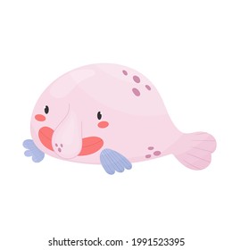 Cute smiling blobfish isolated on white background. Cartoon style vector illustration. Sea animal, underwater wildlife. Adorable character for kids, nursery, print

