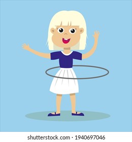 Cute smiling blond girl playing with hula hoop. Happy hula hooping kid. Child enjoying exercising. Isolated flat vector illustration.