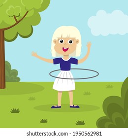 Cute smiling blond girl playing with hula hoop in the park. Happy hula hooping kid outside. Child enjoying exercising on the green lawn. Flat vector illustration.