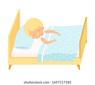 Cute Smiling Blond Little Boy Sleeping Sweetly in His Bed under Blanket Vector Illustration