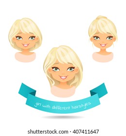 Cute smiling blonde with different hairstyles. Set of different hairstylesof a girl: long hair, bob, tail. Cartoon girl with different hairstyles. Vector illustration isolate on white