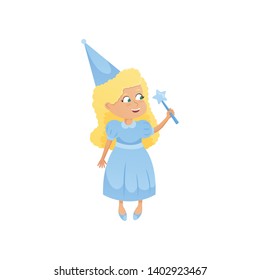 Cute smiling blonde girl in fairy blue costume with magic stick